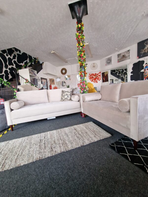Beige Velvet 3 + 2 Seater Sofa Set