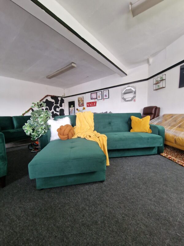 20231005_114844 Kieron Forest Green Velvet Universal Chaise Sofa Bed with Storage