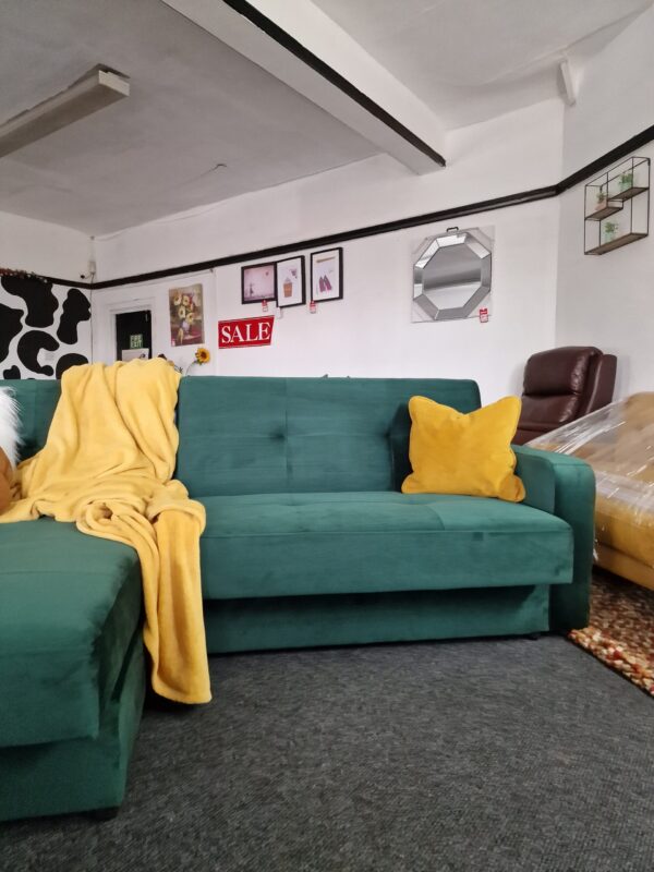 20231005_114850 Kieron Forest Green Velvet Universal Chaise Sofa Bed with Storage