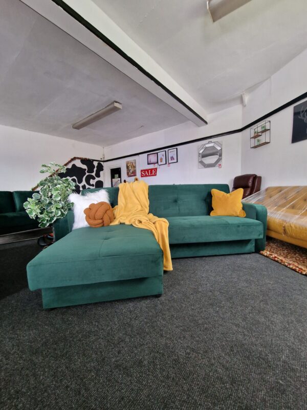 20231005_114855 Kieron Forest Green Velvet Universal Chaise Sofa Bed with Storage