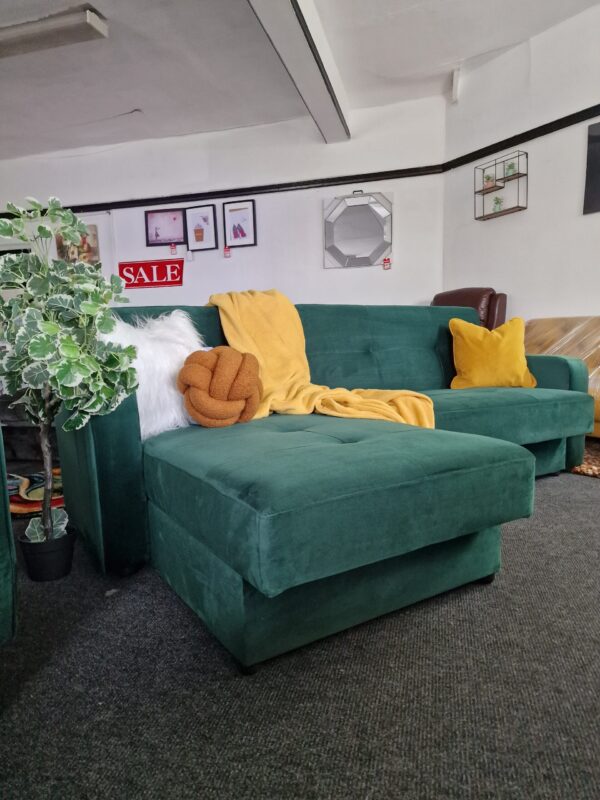 20231005_114902 Kieron Forest Green Velvet Universal Chaise Sofa Bed with Storage