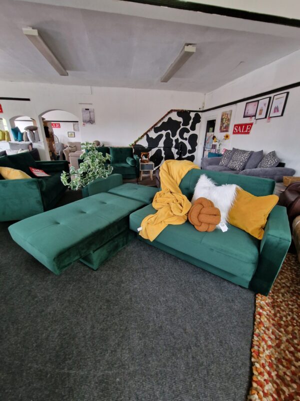20231005_115031 Kieron Forest Green Velvet Universal Chaise Sofa Bed with Storage