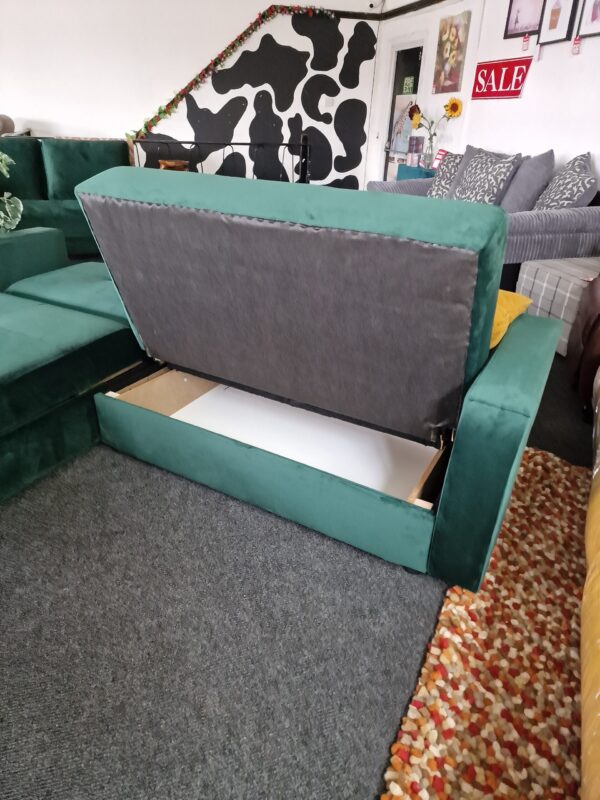 20231005_115043 Kieron Forest Green Velvet Universal Chaise Sofa Bed with Storage