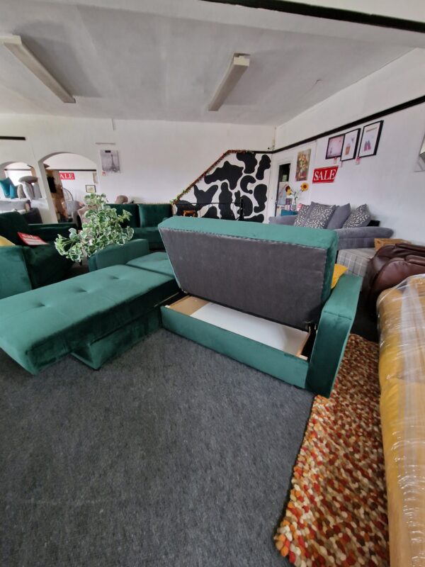 20231005_115045 Kieron Forest Green Velvet Universal Chaise Sofa Bed with Storage
