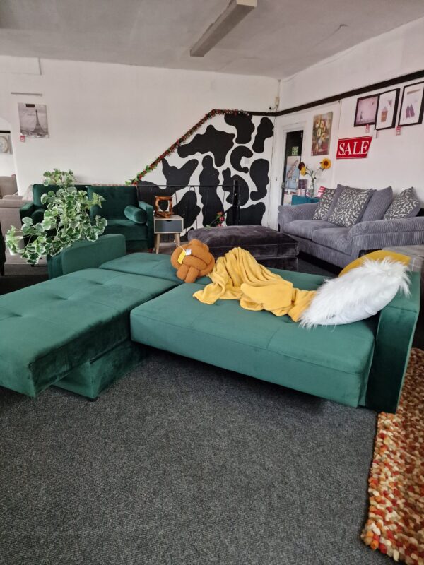 20231005_115123 Kieron Forest Green Velvet Universal Chaise Sofa Bed with Storage