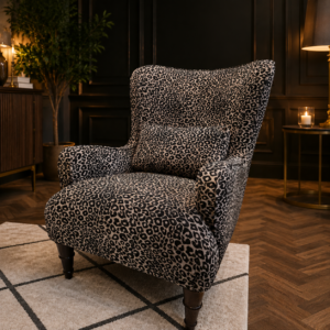 Howard Chair in Leopard Wild 235 - Amadi Home Howarth Leopard Armchair upholstered in Wild 235 luxury woven leopard fabric with a high wingback design and solid wood legs at Amadi Home
