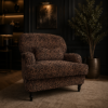 Sunday Leopard Chair by Amadi Home upholstered in luxury woven leopard fabric with supportive high back and traditional solid wood curved legs.