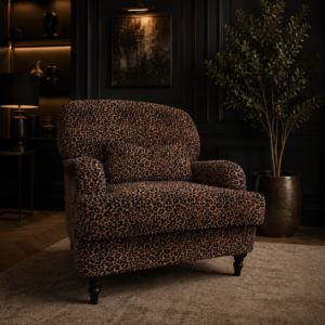 Sunday Leopard Chair by Amadi Home upholstered in luxury woven leopard fabric with supportive high back and traditional solid wood curved legs.