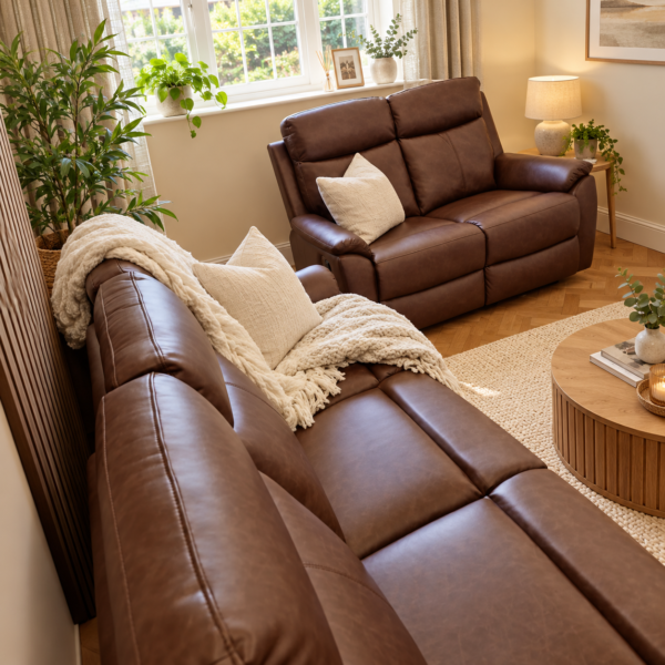 The Raven Walnut Vintage Vegan Leather 3+2 Recliner Sofa Set