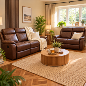 The Raven Luxury Walnut Vintage Vegan Leather 3+2 Recliner Sofa Set
